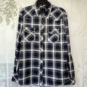 BKE Athletic Fit Stretch Mens Black White Plaid LS Pearl Snap Casual Shirt Large